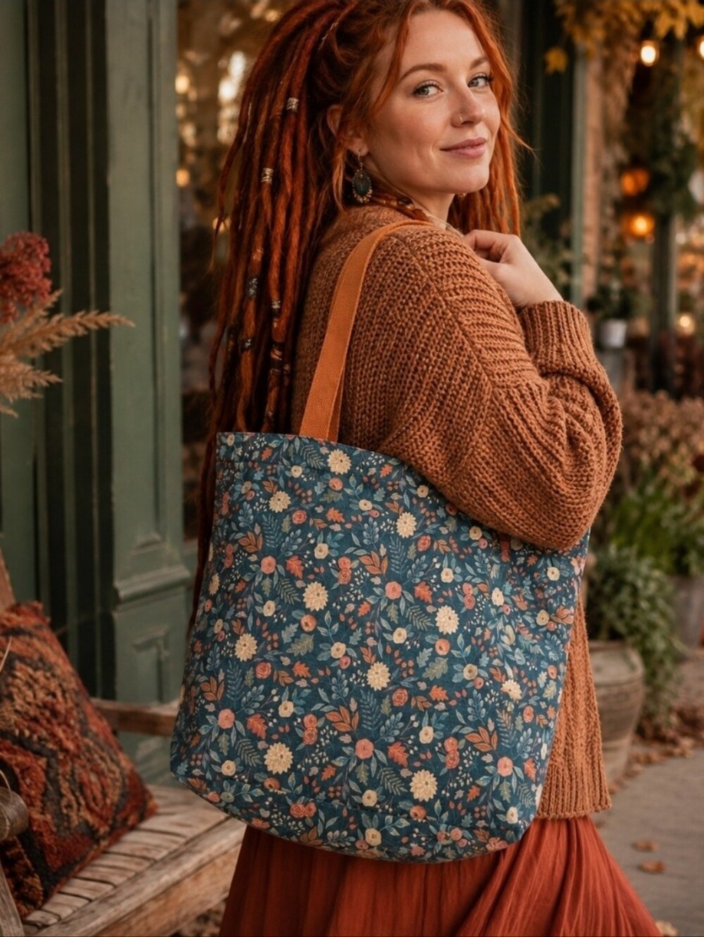 4/$15 Gilded Maple Floral Boho Large Shopping Tote Bag Navy Orange L
